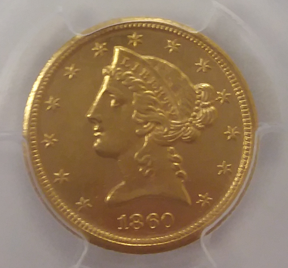 1860-D (Dahlonega Mint) Obverse. Features Liberty Head Profile Design with stars surrounding and the date below the head. 