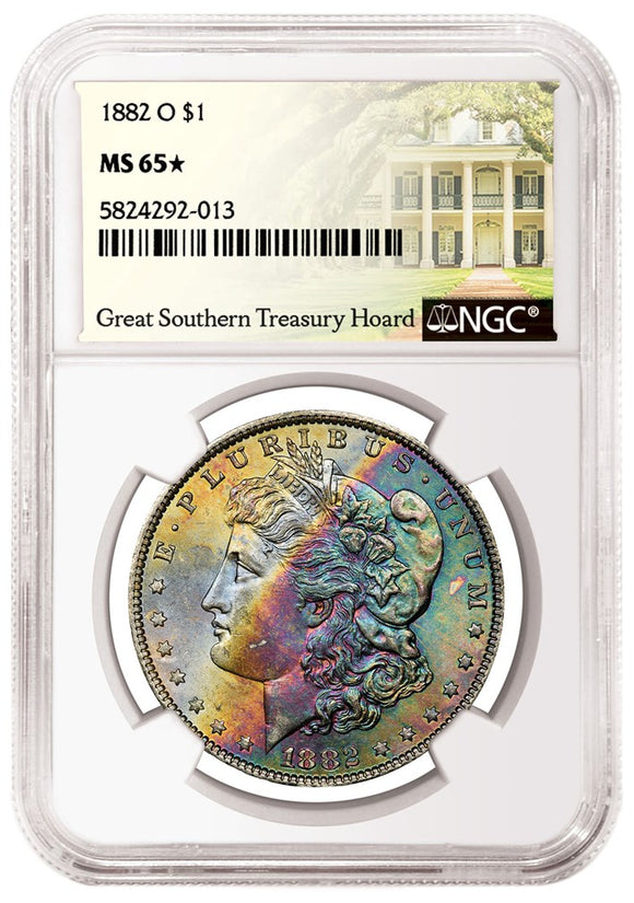 1882 O $1 Rainbow Toned Morgan Silver Dollar Obverse NGC MS65 Star Great Southern Treasury Hoard  