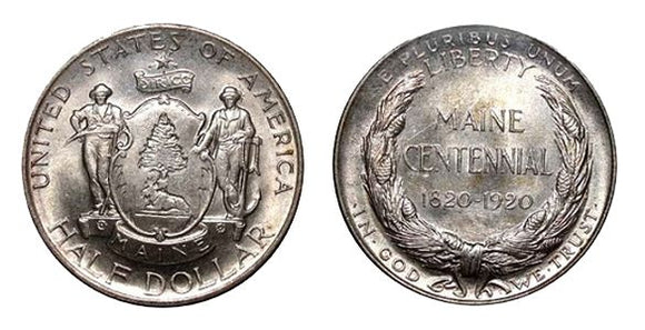 1920 Maine Obverse & Reverse. Obverse features a shield with a pine tree that sits below the surfaces of the coin. There is also a moose, and two men: one that carries a scythe depicting Agriculture, and the other that leans on an anchor which represents 