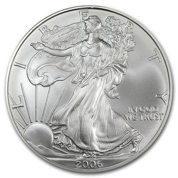 2006 Burnished Silver Eagle coin Obverse. Depicts Lady Liberty Walking with her hand our and the sun is rising. The coin reads: Liberty, In God We Trust, and 2006