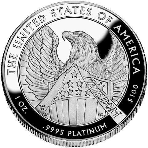 2007 Platinum Eagle Reverse side designed by Thomas Cleveland. It reads: The United States of America 1 oz. .9995 Platinum $100
