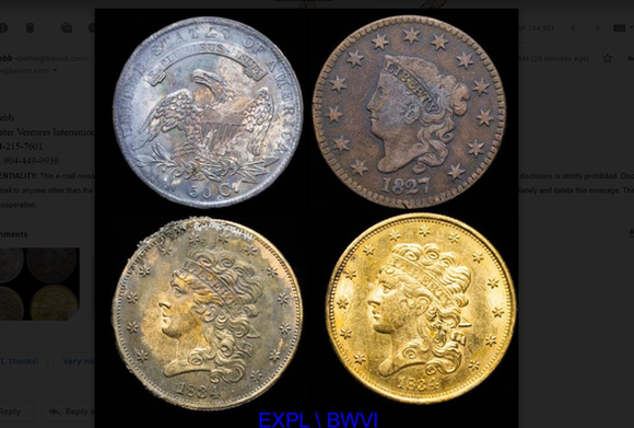 4 Shipwreck Gold Coins recovered from the 1838 Pulaski Steamship. 3 Coins are rusted brown and blue, while 1 gold coin is in great condition.