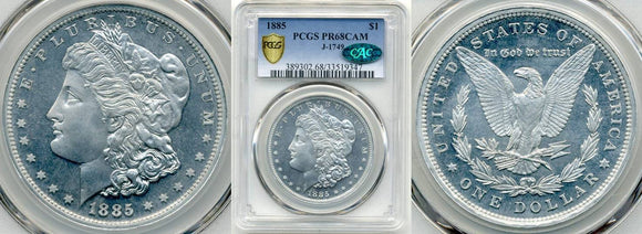1885 Aluminum Morgan Dollar Obverse, Reverse, and in a PCGS holder