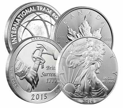 4 Silver Coins: Canadian Maple Leaf, 2015 Saratoga Silver Quarter, American Silver Eagle, International Trade Round.