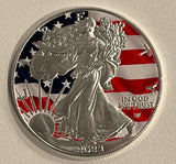 2023 1 oz Silver Eagle colorized. obverse field has the american flag in it.