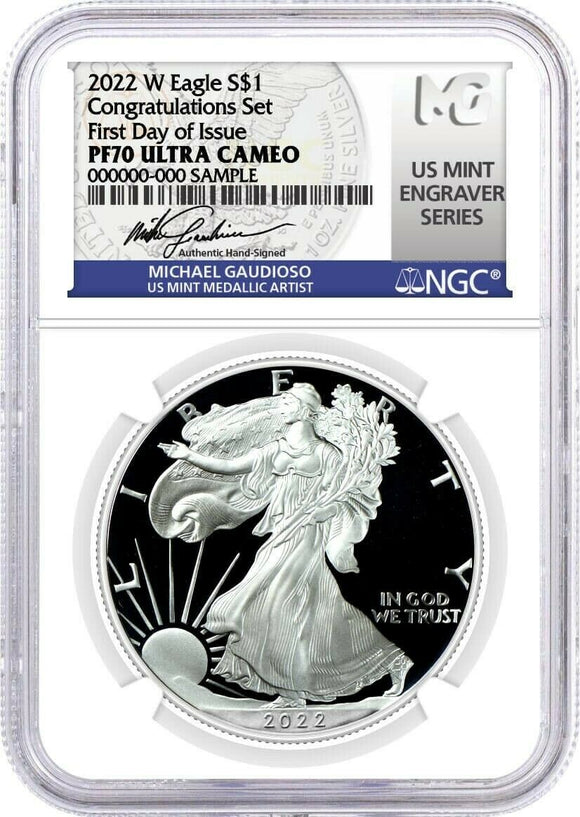 2022 W Proof Silver Eagle NGC PF70 First Day of Issue Congratulations Set Signed by Michael Gaudioso Mint Engraver Series