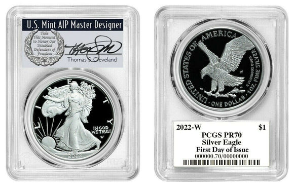 2022-W Proof Silver Eagle Signed by Thomas Cleveland First Day of Issue Signed by Thomas Cleveland Veterans Label Obverse & Reverse