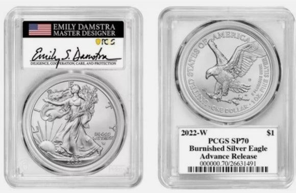 2022-W $1 Burnished Silver Eagle Advanced Release Signed by Emily Damstra obverse and reverse flag label.