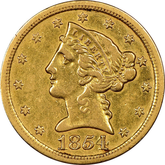 1854 S $5 Gold Liberty Obverse Coin