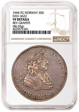 1666 Norwegian Coin in NGC SLAB. Frederik the 3rd on the Obverse.