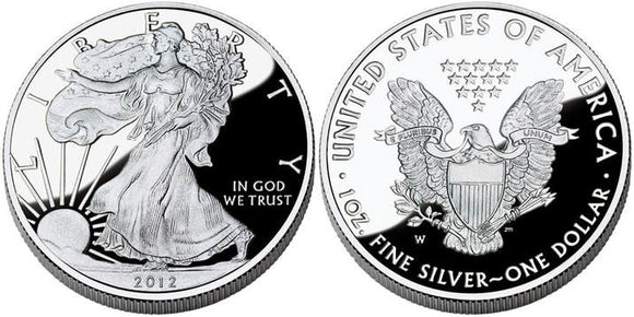 2012 Obverse & Reverse Proof Silver Eagle. The Obverse depicts a walking lady liberty with the sun rising. The Reverse depicts an eagle holding a olive branch and arrows