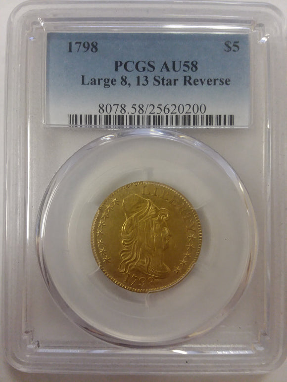 1798 $5 Draped Bust Gold Eagle Obverse, Large 8, 13-star variety, PCGS AU58