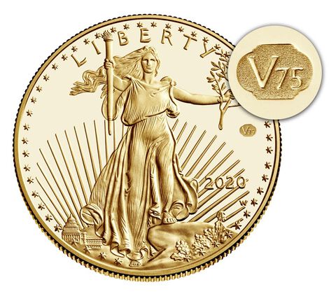 American Gold Eagle V75. This a $50 1 oz proof gold eagle with a V75 privy mark. The mark is to the right of lady liberty.