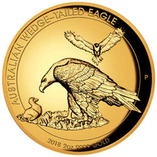 2 oz Gold Perth Mint coin designed by John Mercanti. It features a wedge-tailed eagle feeding its offspring with another eagle in the distance. The coin reads: Australian Wedge-Tailed Eagle; 2018 2 oz .999 Gold.