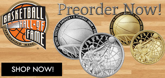 2020 Basketball Hall of Fame Gold & Silver Proof/Uncirculated coins. There is the basketball hall of fame logo in the top left corner. There is a shop now button in the bottom left corner.
