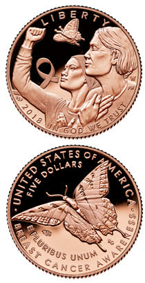2018 Rose Gold Breast Cancer Awareness Coin. Obverse with 2 women and a butterfly. The Reverse has a butterfly on it. 