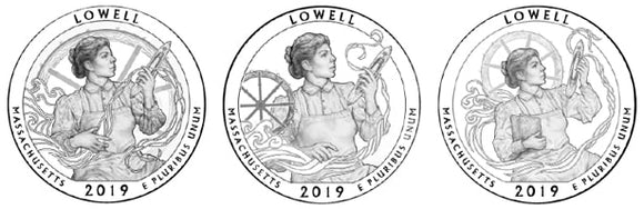 2019 W Lowell National Park Quarter Reverse Design. A woman working in the Textile Industry.
