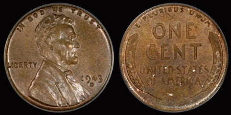 1943 D Copper Lincoln Error Penny Obverse & Reverse
