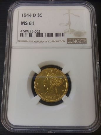 1844-D (Dahlonega Mint) $5 Gold Eagle Liberty Head NGC MS61 Obverse