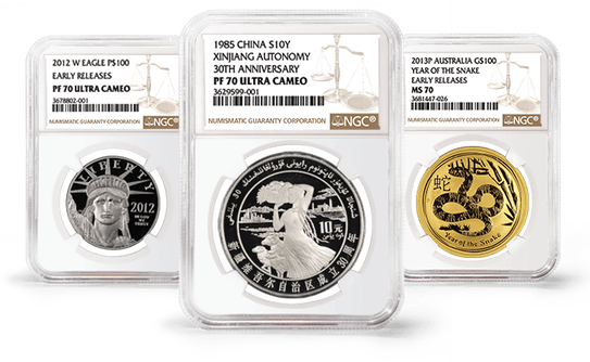 2012 Platinum Eagle, 1985 Chinese Autonomy Coin, 2013 Year of the Snake Australian Coin, all graded by NGC in slabs.