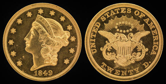 1849 Double Eagle Gold Coin Obverse and Reverse. Obverse features stars surrounding a profile of lady liberty's head. The Reverse features an eagle and shield and reads: United States of America, Twenty D. 