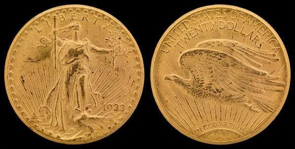 The extremely rare 1933 $20 Gold Eagle coin. The obverse features Lady Liberty full body frontal view with the word 