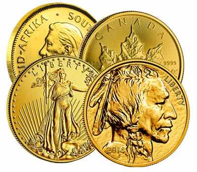 4 Gold Coins: South African Krugerrand, Canadian Maple Leaf, American Gold Eagle, and American Gold Buffalo.