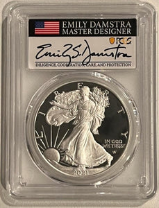 2021-W $1 Proof Silver Eagle Type 2 PCGS PR70 Signed by Emily Damstra
