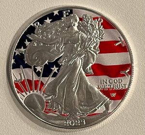 2023 1 oz Silver Eagle colorized. obverse field has the american flag in it.