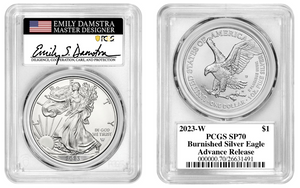 2023-W $1 Burnished Silver Eagle PCGS Advanced Releases Emily Damstra