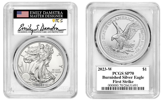 2023 W $1 Burnished Silver Eagle PCGS SP70 First Strike Signed by Emily Damstra