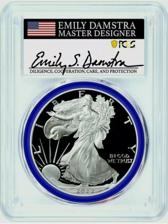 2022-W Proof Silver Eagle Congratulations Set Signed by Emily Damstra Mint Designer Series Obverse. Blue gasket around the coin.