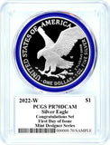 2022-W Proof Silver Eagle Congratulations Set Signed by Emily Damstra Mint Designer Series Reverse. Blue gasket around the coin. W mint mark to the right of the eagle.