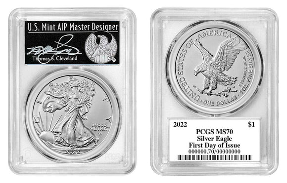 2022 $1 Silver Eagle First Day of Issue Signed by Thomas S. Cleveland Freedom Label. Obverse and Reverse