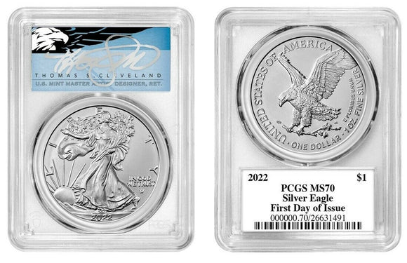 2022 $1 Silver Eagle PCGS MS70 First Day of Issue Signed by Thomas Cleveland Blue Eagle Label.