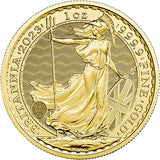 2023 1 oz Gold Britannia Reverse. modern Britannia effigy. Her figure is shown in front-facing relief looking to her right. She clutches a trident in one hand and a Union Jack shield in the other with a Corinthian helmet on her head.