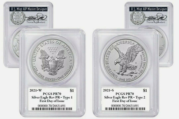 2021 W & S Reverse Proof Silver Eagles 2 Coin Set PCGS PR70 FDOI Cleveland Vets