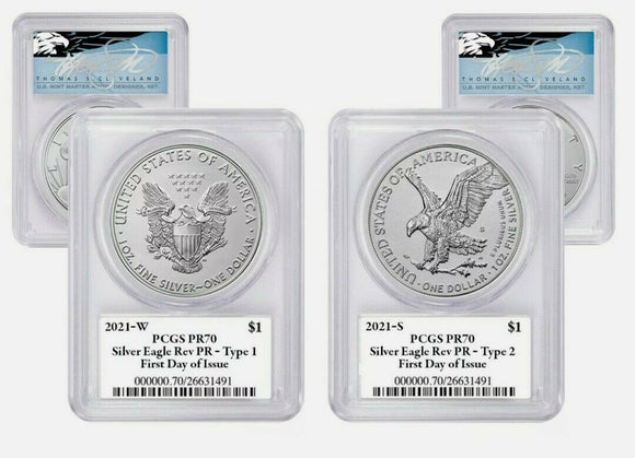 2021 W & S Reverse Proof Silver Eagles 2 Coin Set PCGS PR70 FDOI Cleveland Blue Eagle Label Reverse designs