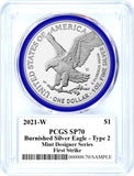 2021-W Burnished Silver Eagle Type 2 PCGS SP70 First Strike Emily Damstra Mint Designer Series Reverse