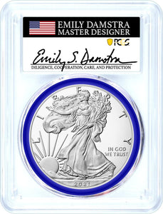 2021-W Burnished Silver Eagle Type 2 PCGS SP70 First Strike Emily Damstra Mint Designer Series Obverse