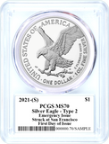 2021 (S) $1 Silver Eagle Type 2 PCGS MS70 FDOI Emergency Issue Emily Damstra Reverse