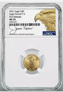 2021 $5 Gold Eagle Type 2 NGC MS70 First Releases - Designer Signed Jennie Norris Obverse