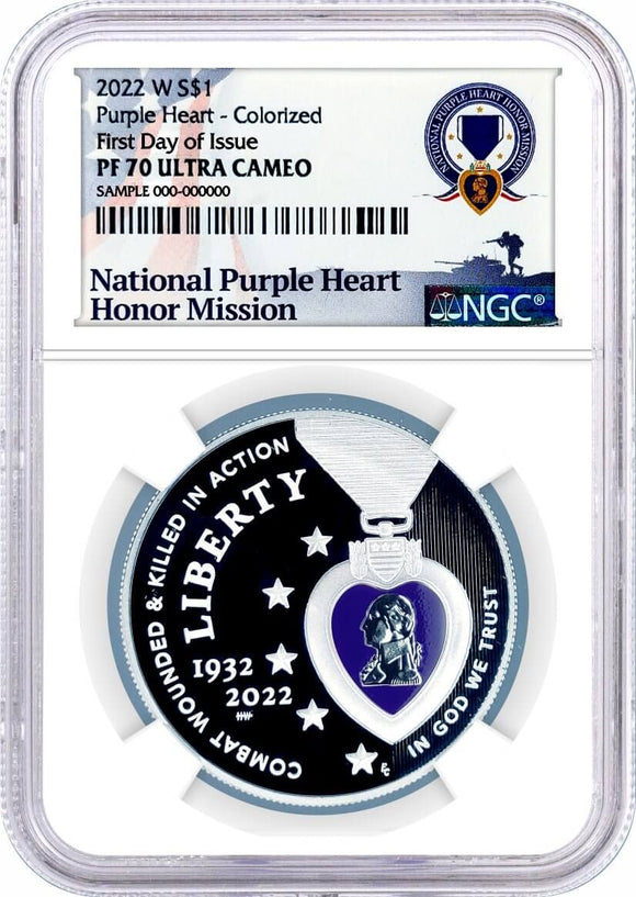 2022 W $1 Silver Proof Purple Heart Hall of Honor Dollar Colorized NGC PF70 UCAM First Day of Issue National Purple Heart Honor Mission Label