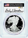 2022 S $1 Proof Silver Eagle PCGS PR70 First Day of Issue Emily Damstra Signed Obverse